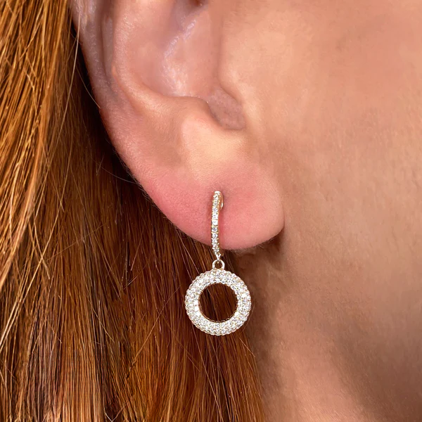 14K Gold Diamond Circle Halo Drop Earrings