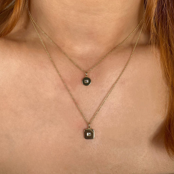 14K Gold Baguette Cut Diamond Square Pendant Necklace
