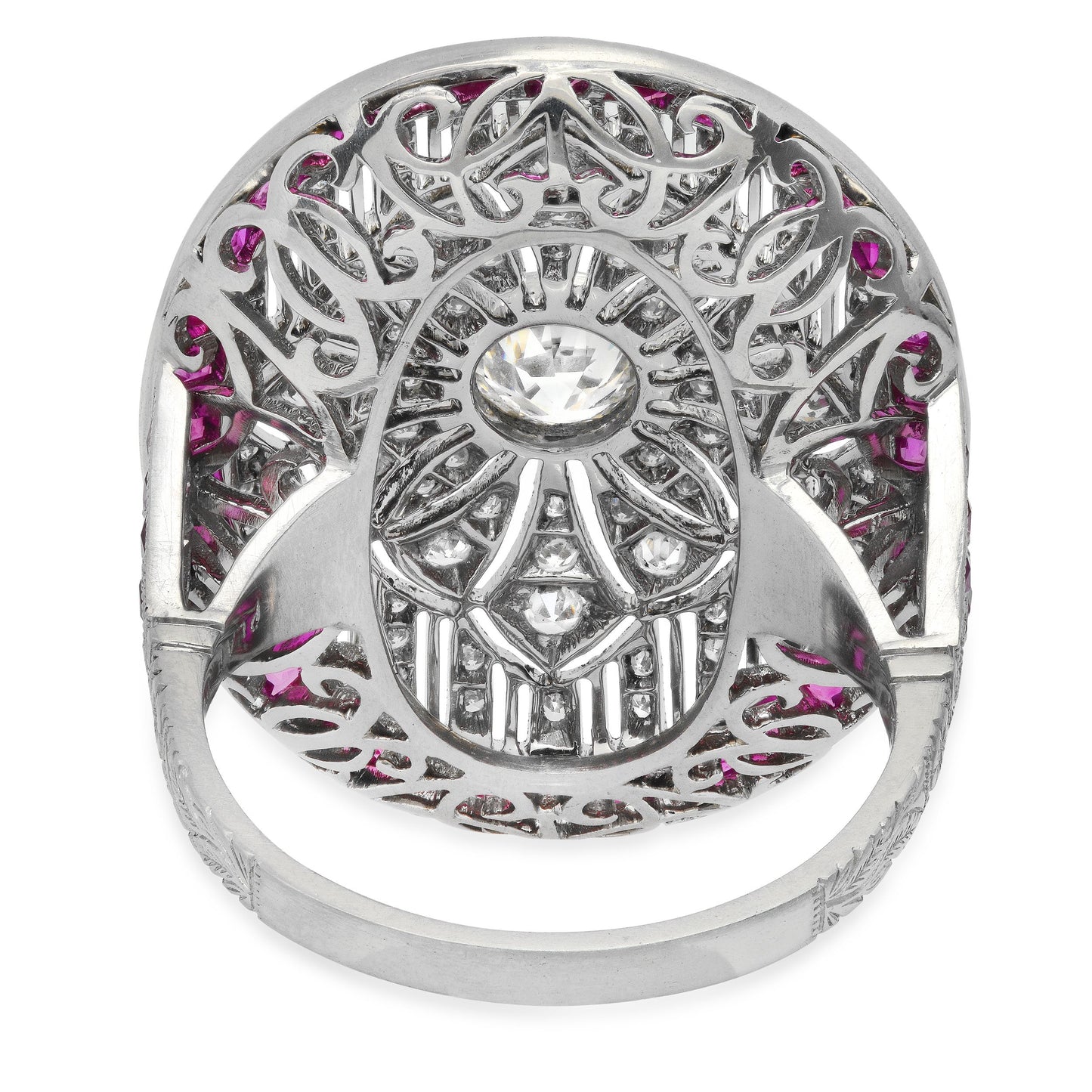 Art Deco Diamond Ruby Platinum Ring Natural Old Mine European Cut