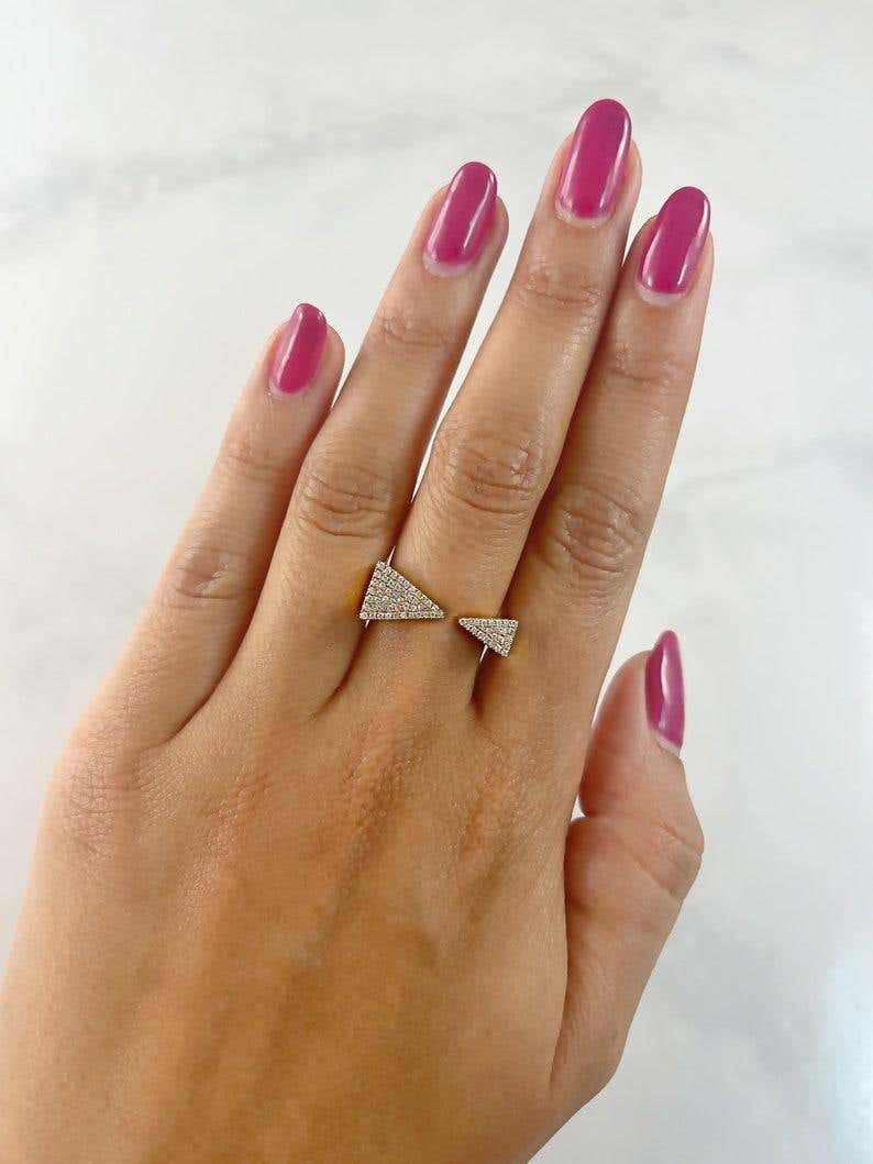 Triangle Open Wrap 0.22 Total Carat Round Diamond Pave Yellow Gold Cocktail Ring