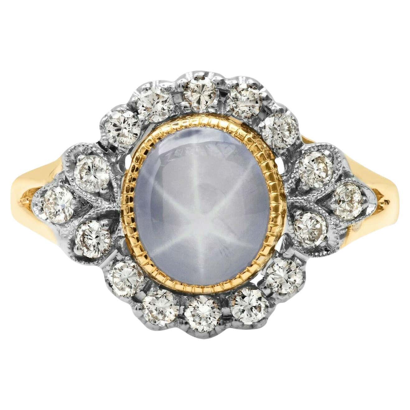 3.55 TCW Star Asterism Sapphire Diamond  Yellow Gold Engagement Ring