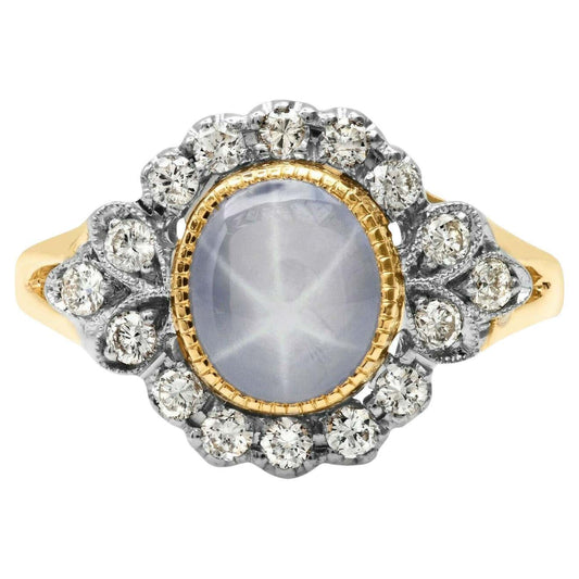 3.55 TCW Star Asterism Sapphire Diamond  Yellow Gold Engagement Ring