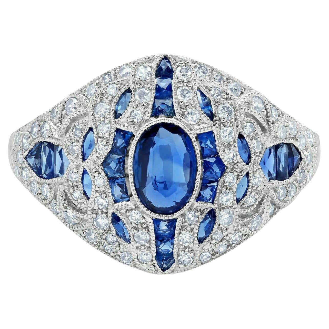 Art Deco Style Oval Cut Sapphire Diamond Platinum Cocktail  Ring