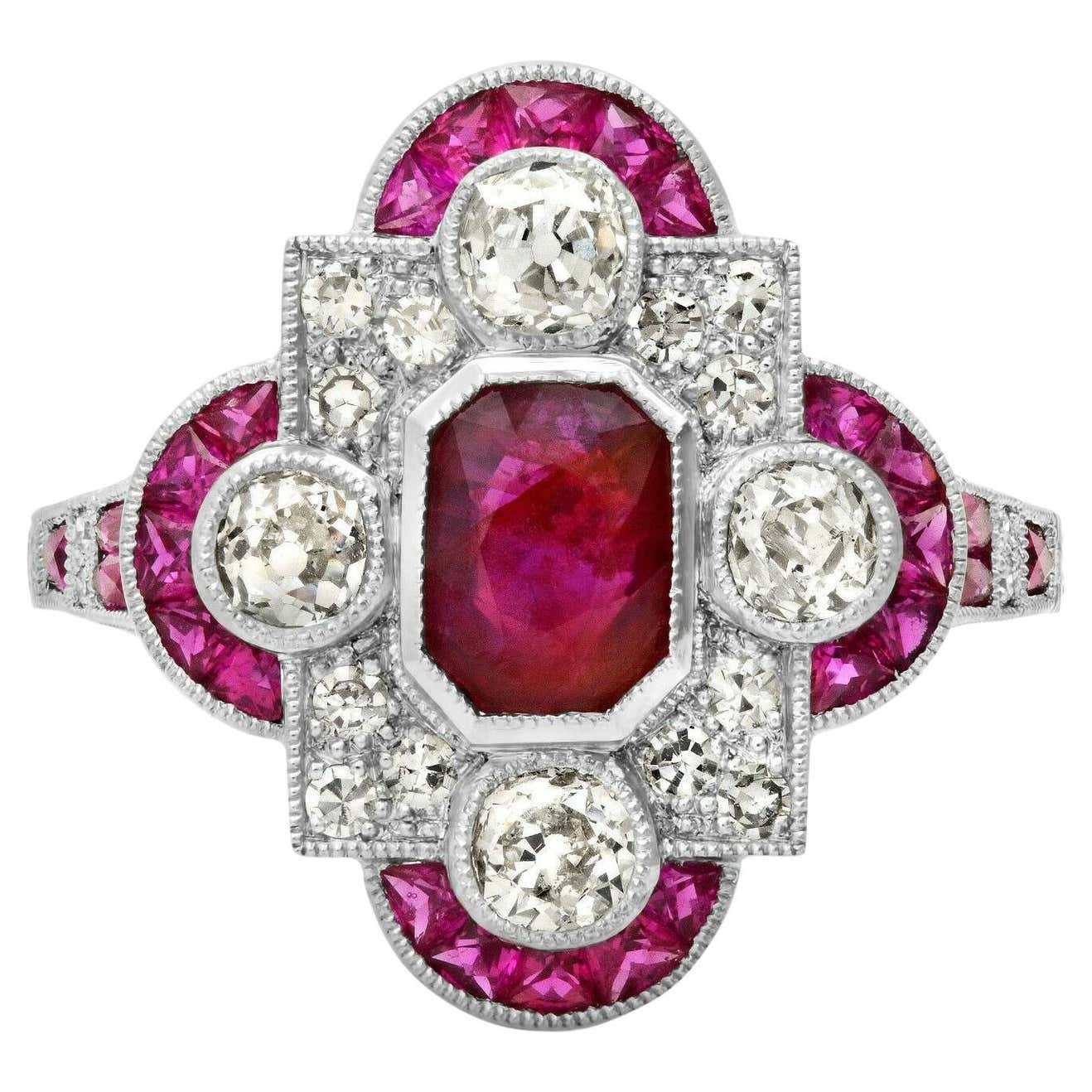 Art Deco Emerald Cut Ruby Diamond Platinum Ring