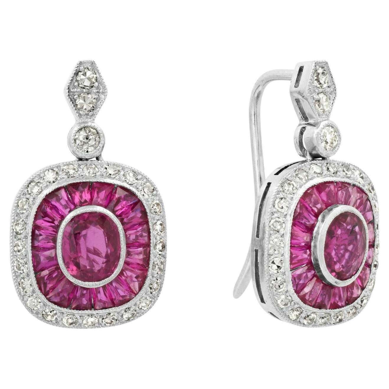 Art Deco Ruby Diamond Platinum Earrings