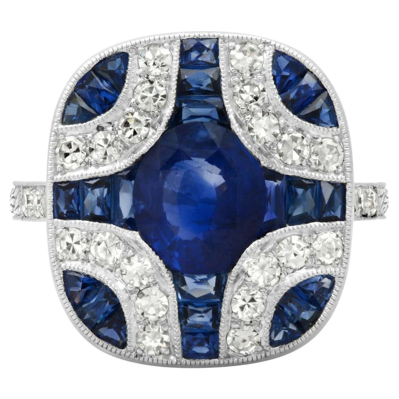 Art Deco Oval Sapphire Diamond Platinum Ring 3.89 TCW Natural