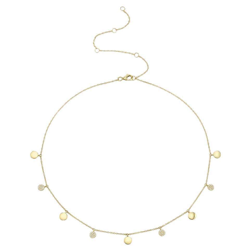 Pave Circle 0.12 Carat Diamond Yellow Gold Dangling Choker Necklace