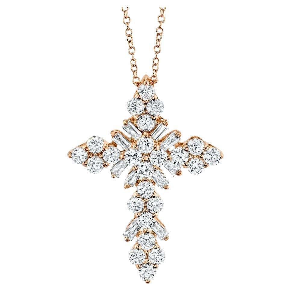 Cross Shape 0.60 Carat Baguette Cut Diamond Rose Gold Pendant Necklace