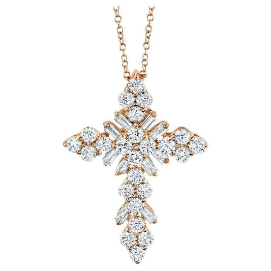 Cross Shape 0.60 Carat Baguette Cut Diamond Rose Gold Pendant Necklace