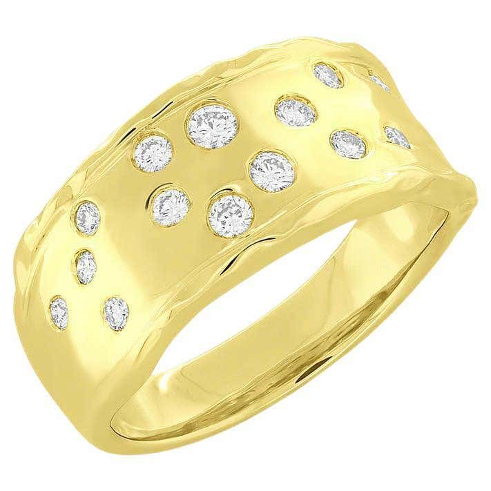 Scattered Floating 0.30 Total Carat Round Diamond Wavy Hammered Yellow Gold Ring