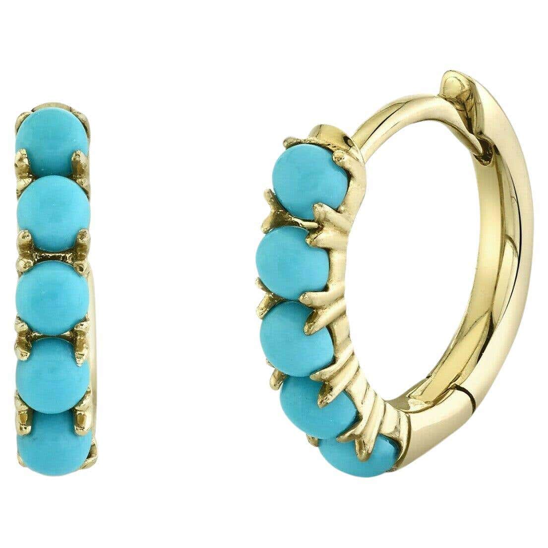 Cabochon 0.43 Carat Turquoise Yellow Gold Huggie Hoop Earrings