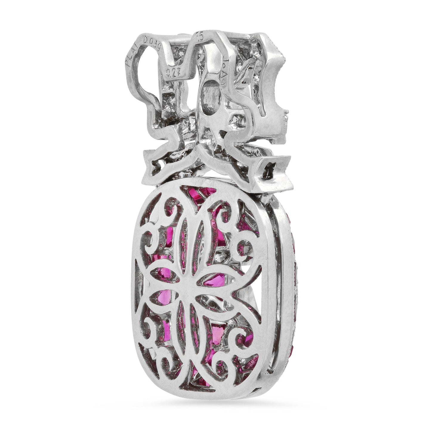 Art Deco Old Mine European Diamond Ruby Bow Pendant Necklace Platinum with Chain