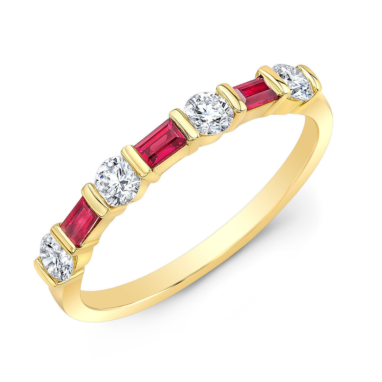 14k Yellow Gold Round Diamond Baguette Ruby Ring Alternating Anniversary Band