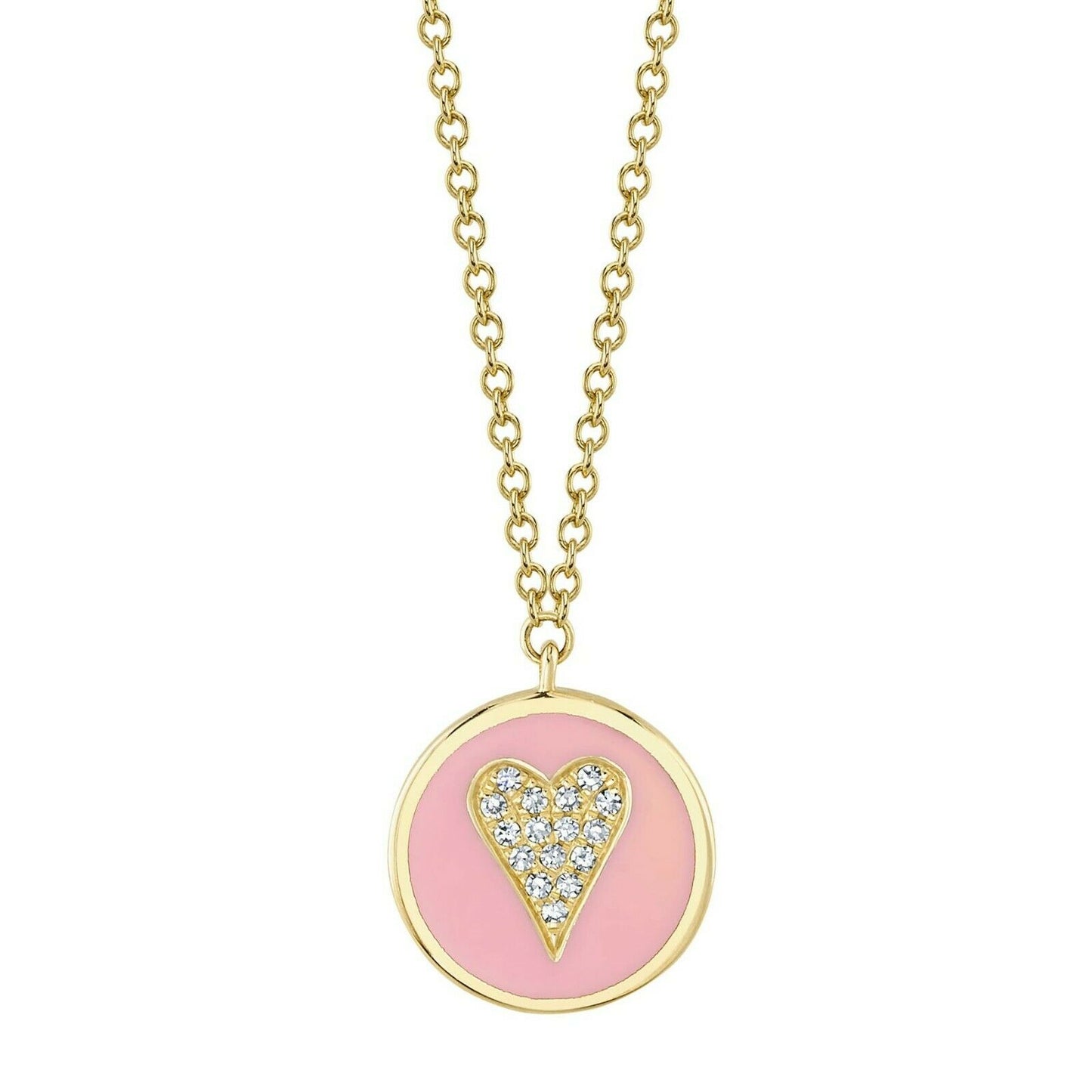 14K Gold 0.04 CT Pink Enamel Diamond Heart Pendant Necklace Circle Disc