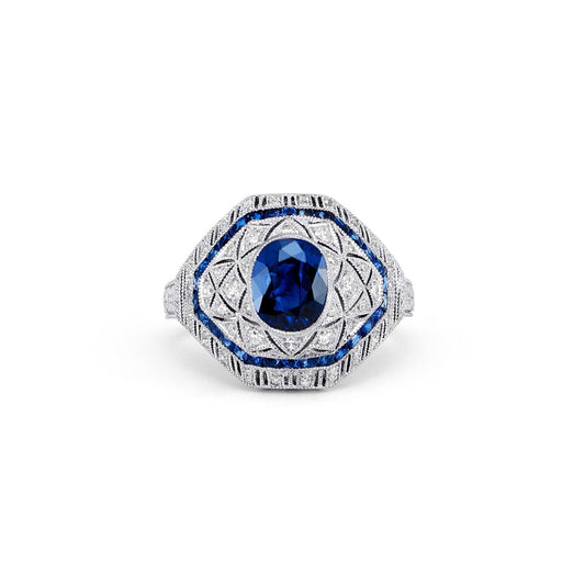 Art Deco Oval Sapphire Diamond Platinum Handmade Ring