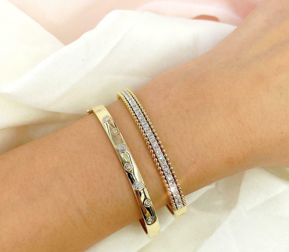 14K Gold 0.27 CT Pear Round Diamond Bangle Floating Bezel Bracelet