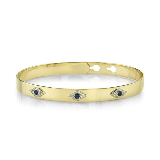 14K Gold 0.16 CT Evil Eye Diamond Sapphire Bangle Bracelet Latch Lock Adjustable