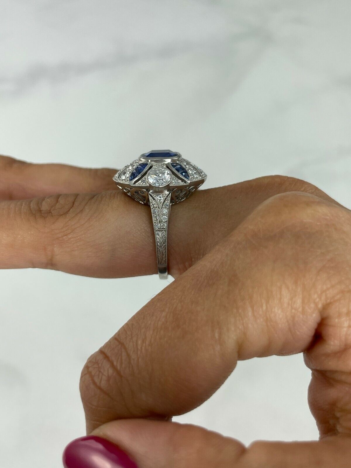 Cushion Blue Sapphire Old Mine Cut Diamond Platinum Ring Art Deco Antique Inspired