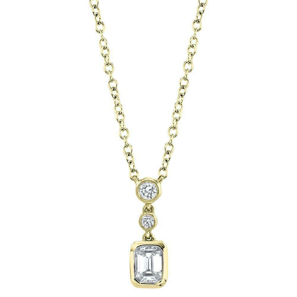 14K Gold 0.23 CT Emerald Cut Diamond Solitaire Pendant Necklace Bezel Set Natural