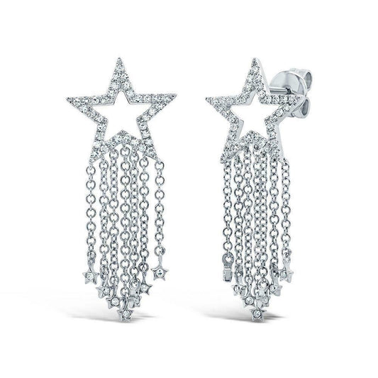 14K Gold 0.26CT Diamond Star Fringe Earrings Round Cut Natural Drop Dangle