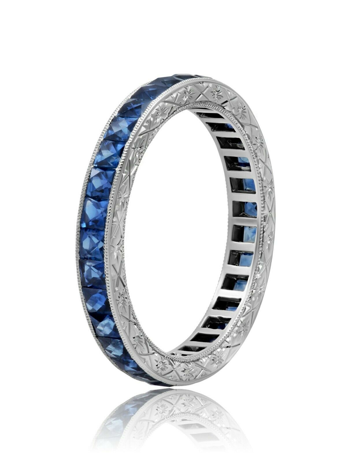 Princess Blue Sapphire Eternity White Gold Ring Art Deco Handmade Engraved