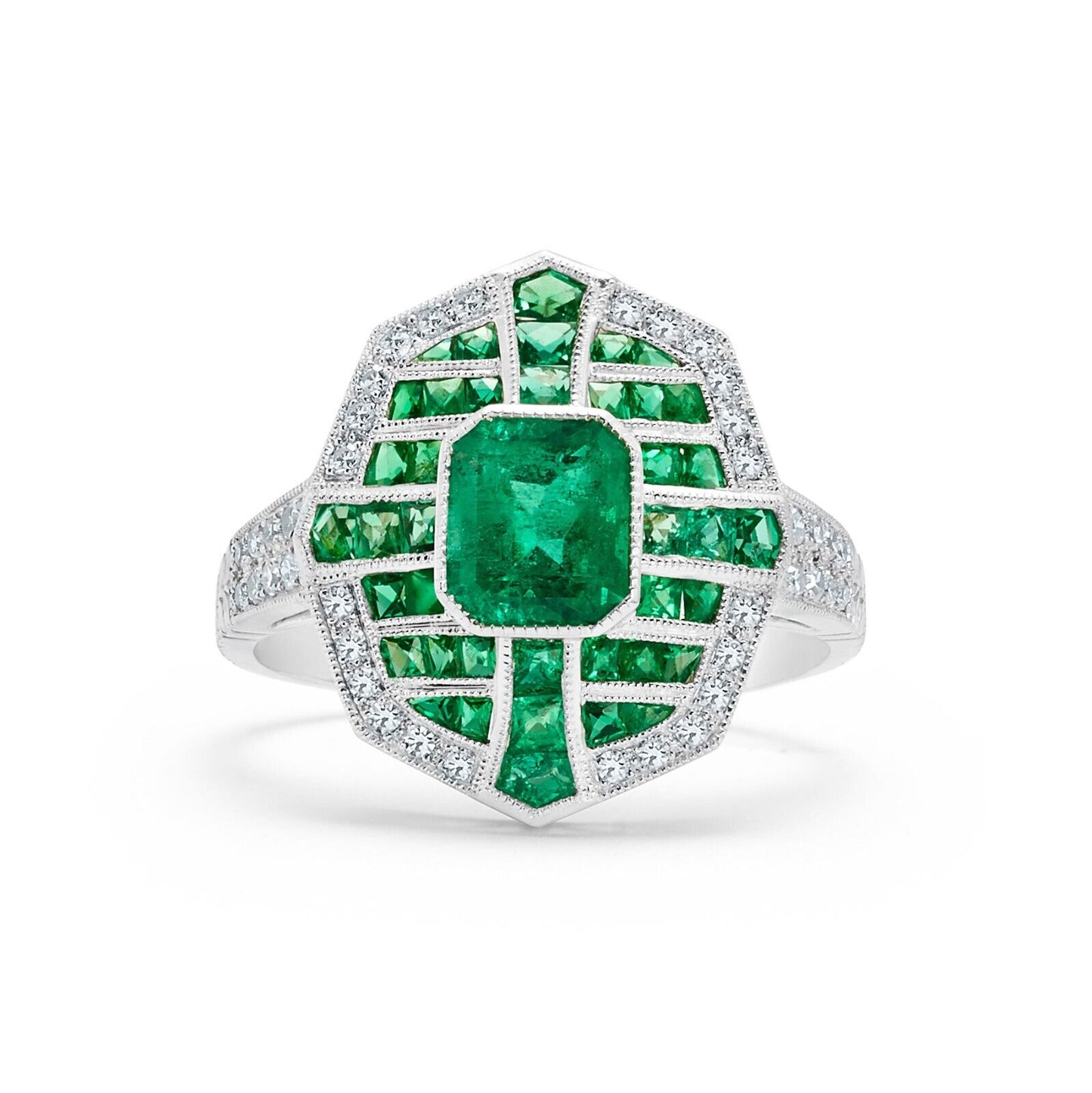 Art Deco Diamond And Emerald Gemstone Platinum Ring Antique Inspired