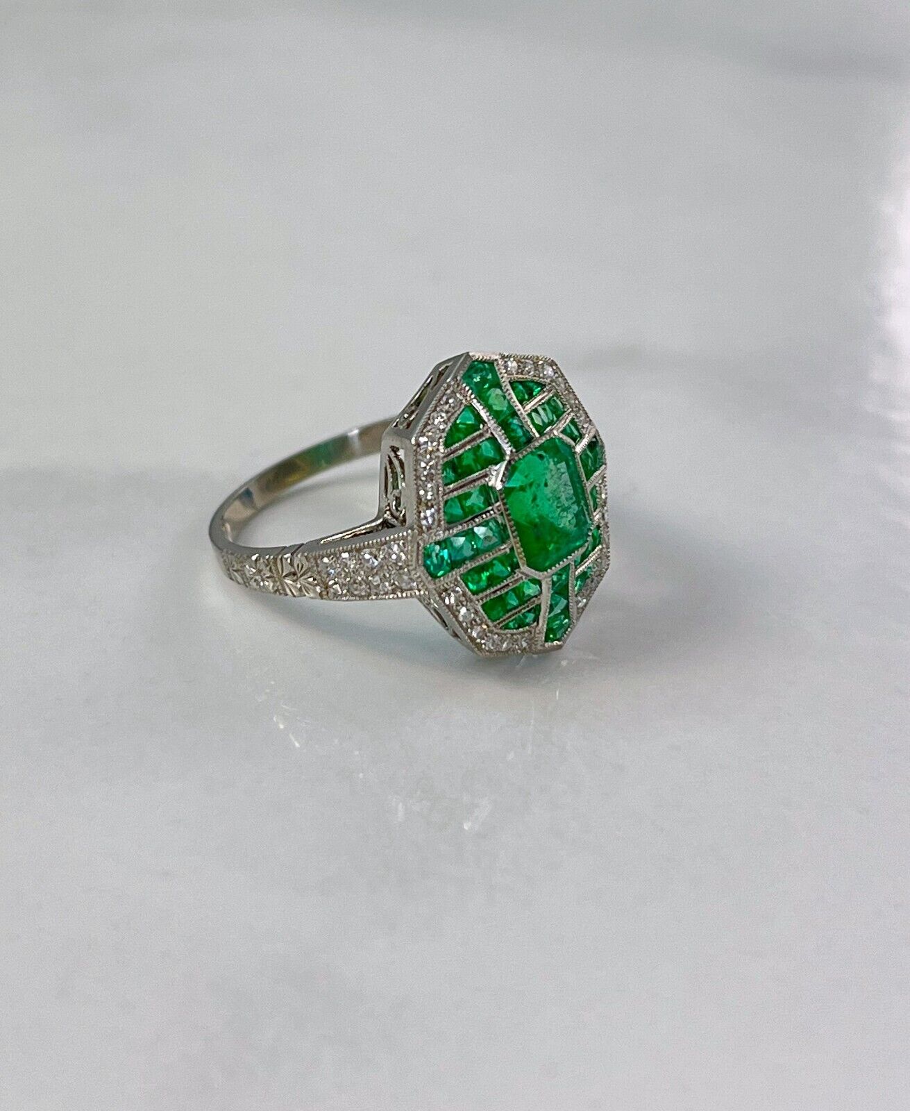 Art Deco Diamond And Emerald Platinum Ring Antique Inspired