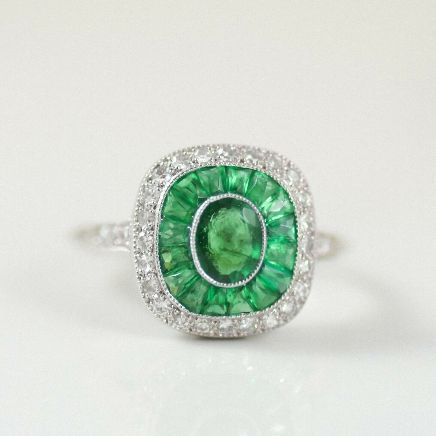 Emerald And Diamond Platinum Ring Art Deco Oval French Cut Baguette
