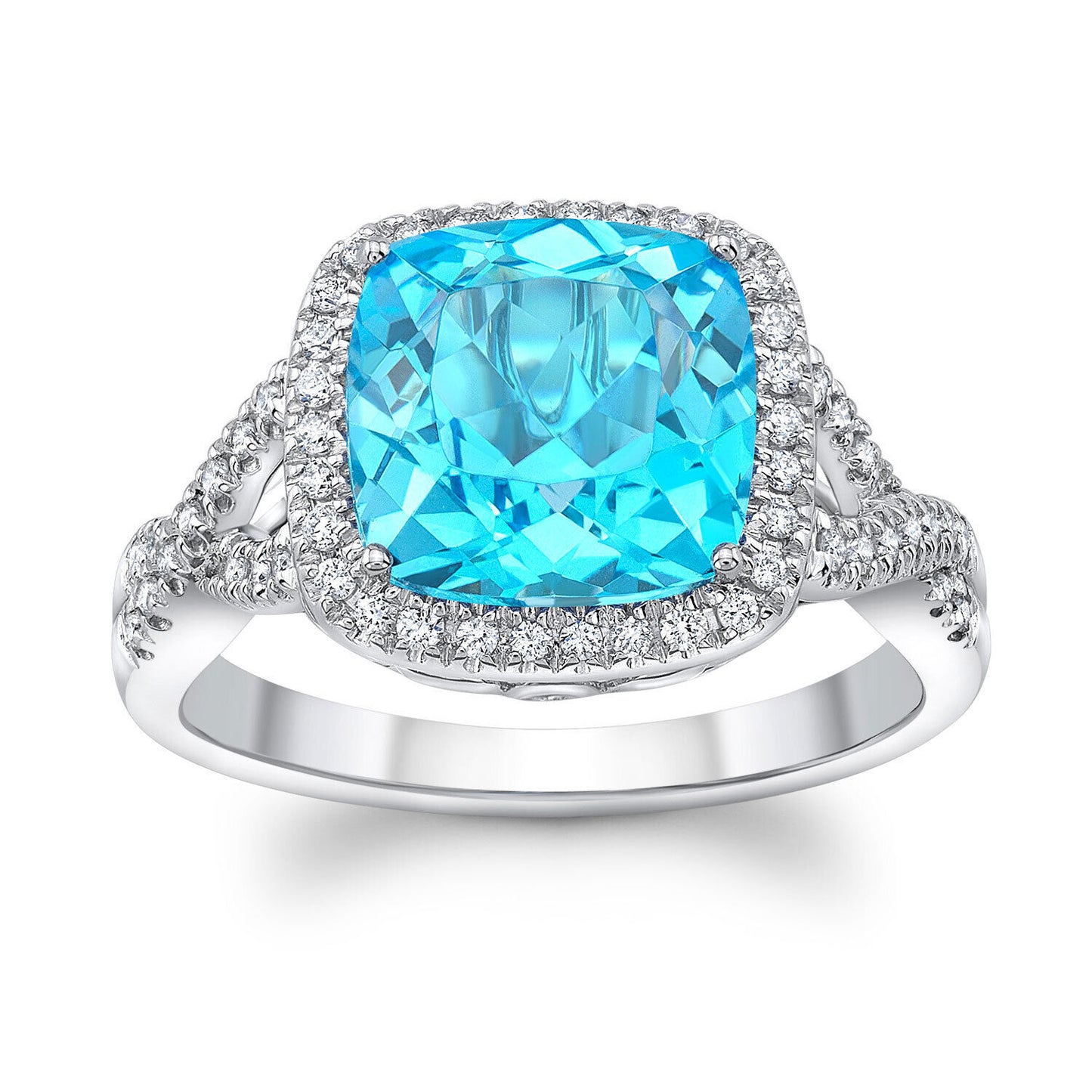 14K White Gold 3.82 TCW Cushion Swiss Blue Topaz Diamond Engagement Ring