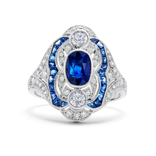 Art Deco Sapphire Old Mine European Cut Diamond Platinum Ring