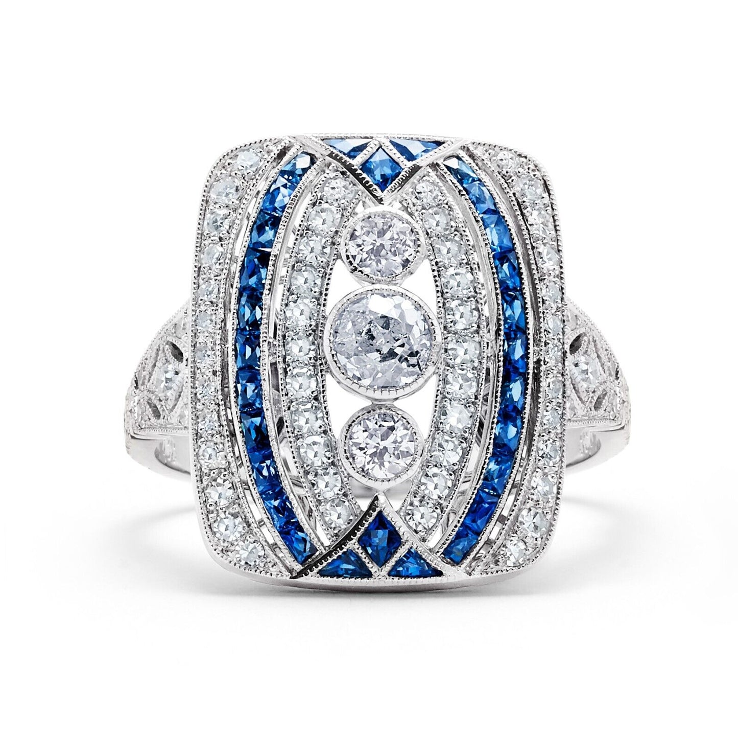 Art Deco Diamond Blue Sapphire Platinum Ring Handmade Natural