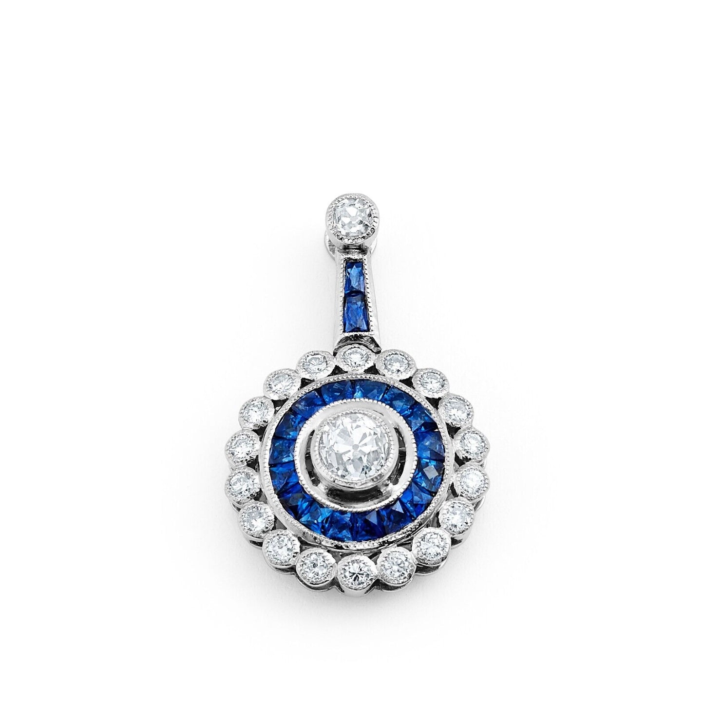 French Cut Sapphire Diamond Platinum Pendant Necklace Art Deco Chain Included