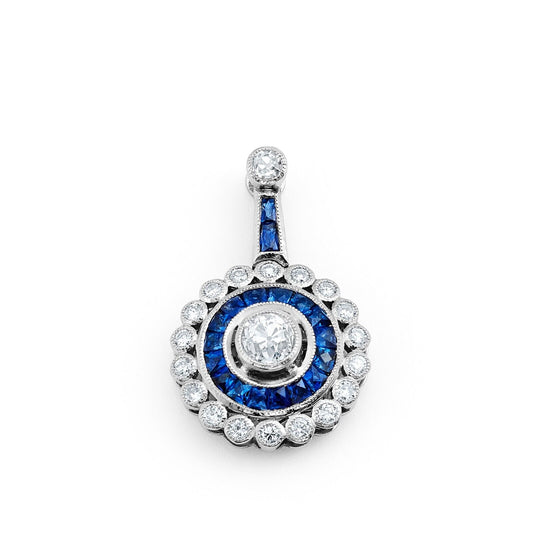 French Cut Sapphire Diamond Platinum Pendant Necklace Art Deco Chain Included
