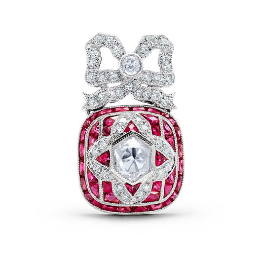 Old Mine European Cut Diamond Ruby Bow Pendant In Platinum