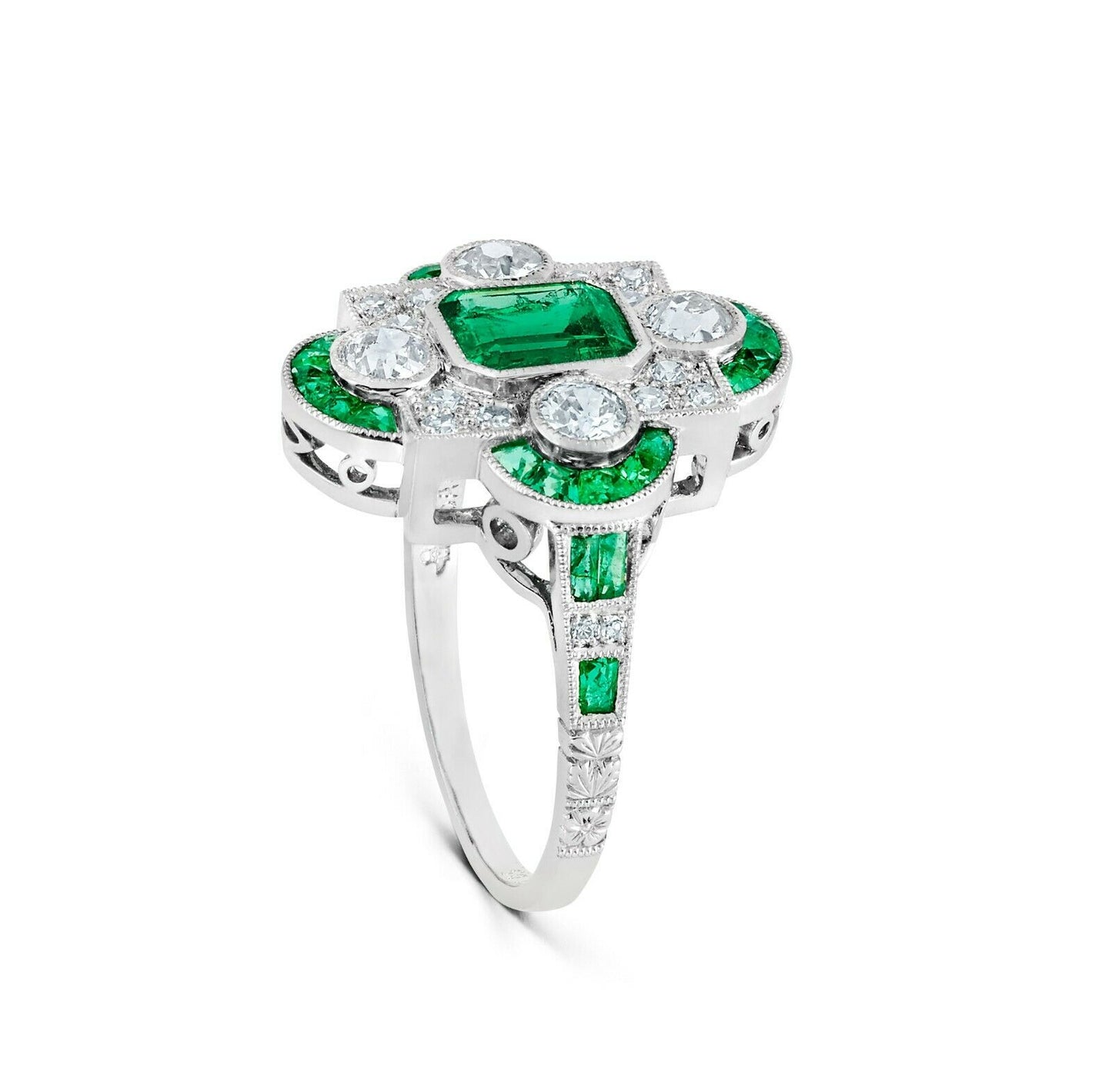 Art Deco Diamond Emerald Platinum Ring Handmade Certified Natural