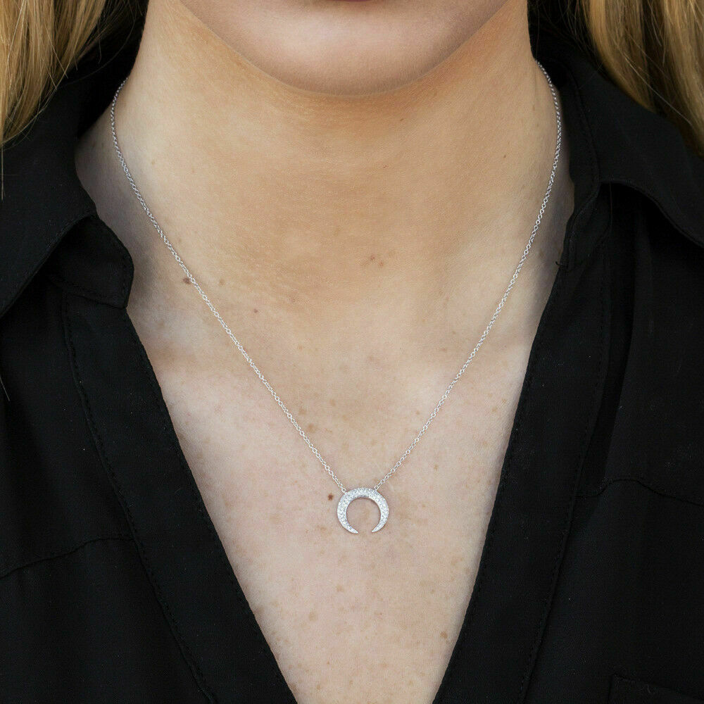 14K White Gold 0.20 CT Diamond Crescent Moon Pendant Necklace Pave Set Round Natural
