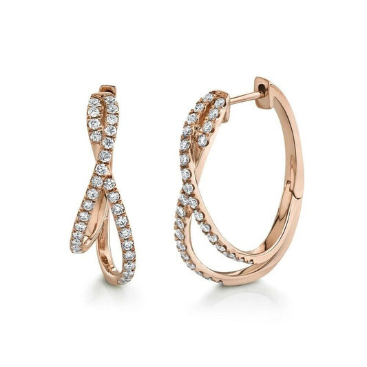 14k Gold 0.57 CT Diamond X Crossover Twist Hoop Earrings Natural Round Cut