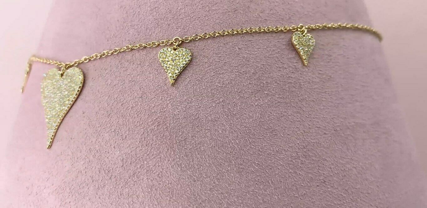 14K Gold 0.72 CT Diamond Hearts Necklace Pave Set Round Cut Natural