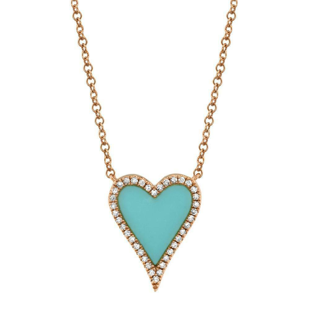 Turquoise Diamond Heart Pendant Necklace 14K Rose Gold 0.78 TCW Love Valentines