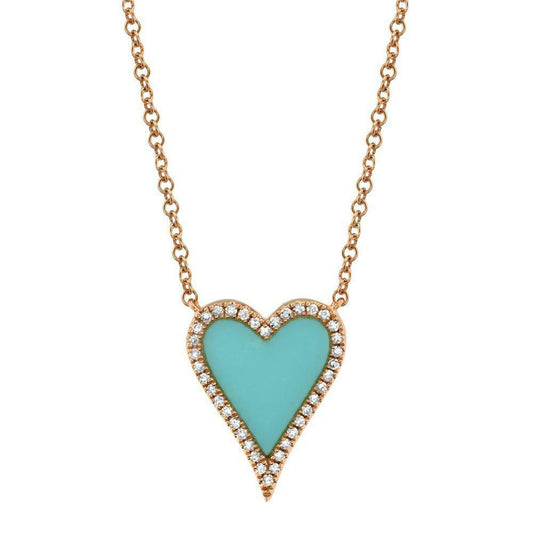 Turquoise Diamond Heart Pendant Necklace 14K Rose Gold 0.78 TCW Love Valentines