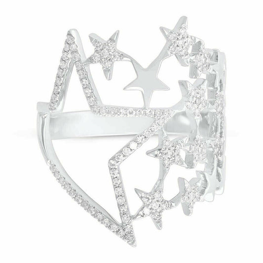 14K Gold 0.31 CT Diamond Multi Star Wide Cocktail Ring Natural Round 0.90" Long