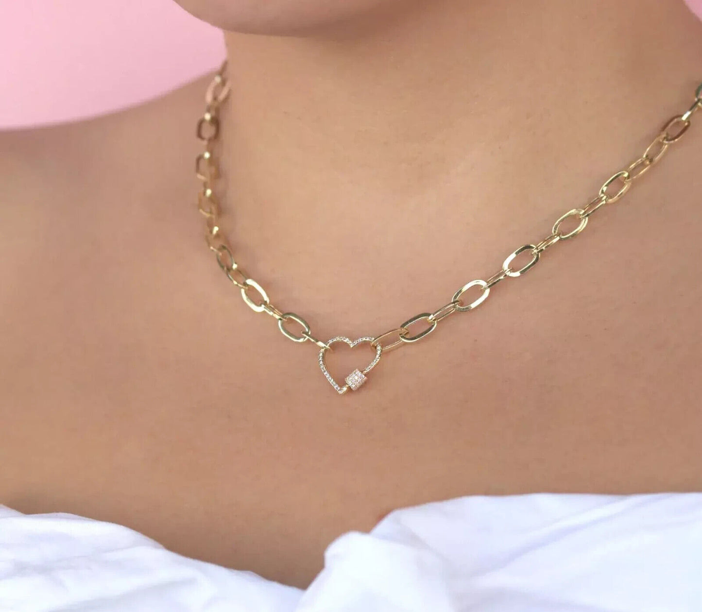 14K Gold Diamond Heart Paper Clip Necklace