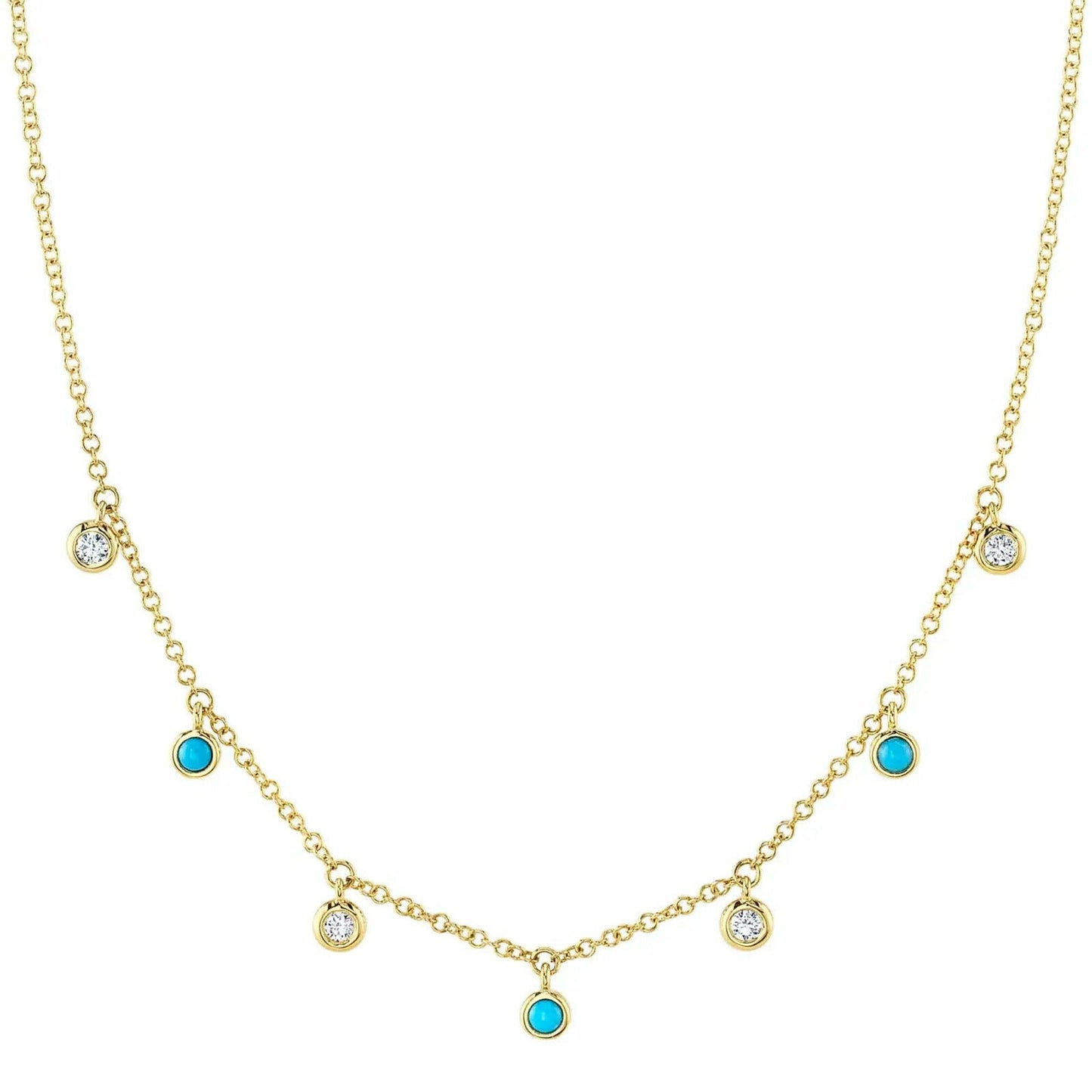14K White Gold 0.22 TCW Turquoise Diamond Necklace Shaker Bezel Dangle Round Cut