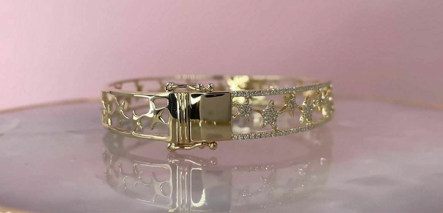 14K Gold 0.71 CT Diamond Star Bangle Bracelet Round Cut Natural Women's Clasp Lock