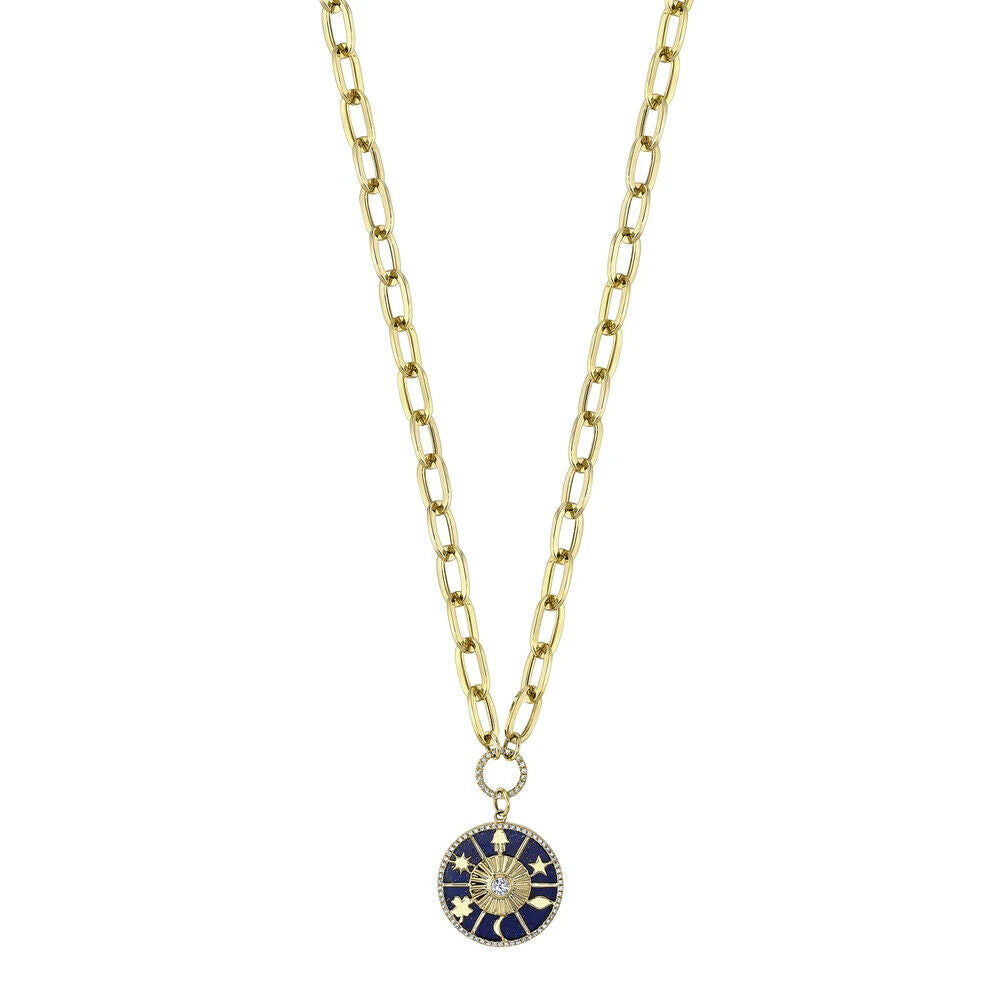 14K Gold 4.43 CT Lapis Diamond Necklace Hamsa Star Moon Clover Paper Clip Necklace Disc