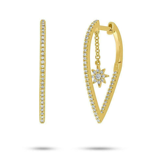 14K Gold 0.28 CT Diamond Earrings Drop Dangling Star Pear Shape Hoop