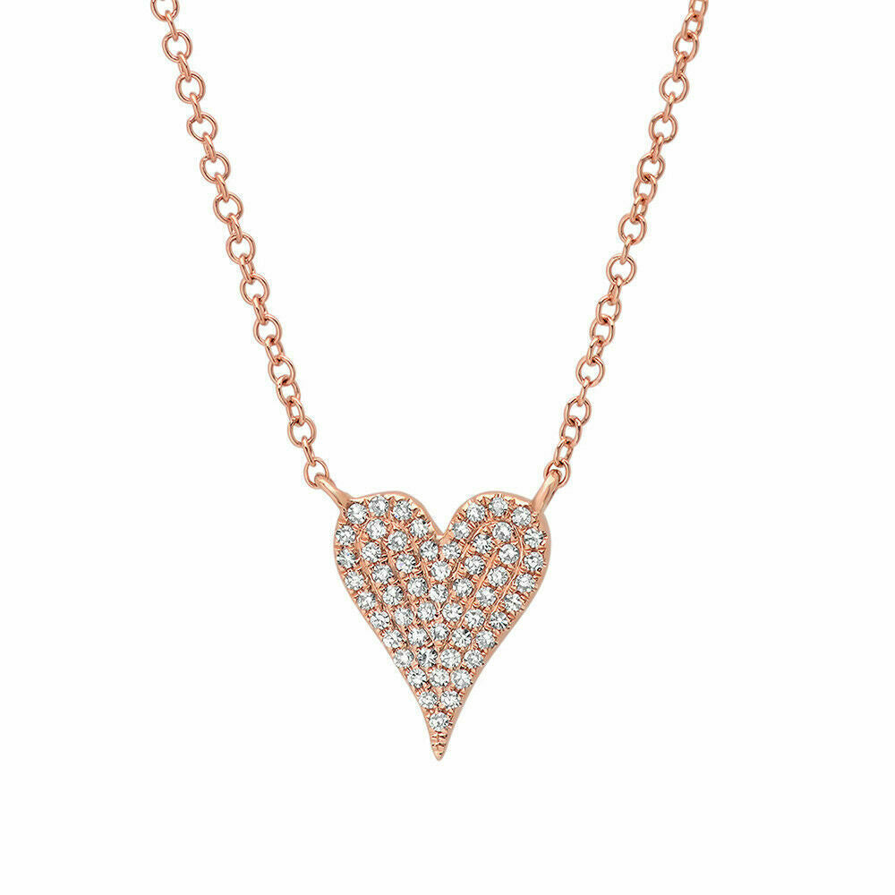 Diamond Heart Pendant Necklace 14K Rose Gold Round Cut Pave Love 0.11 CT V Day