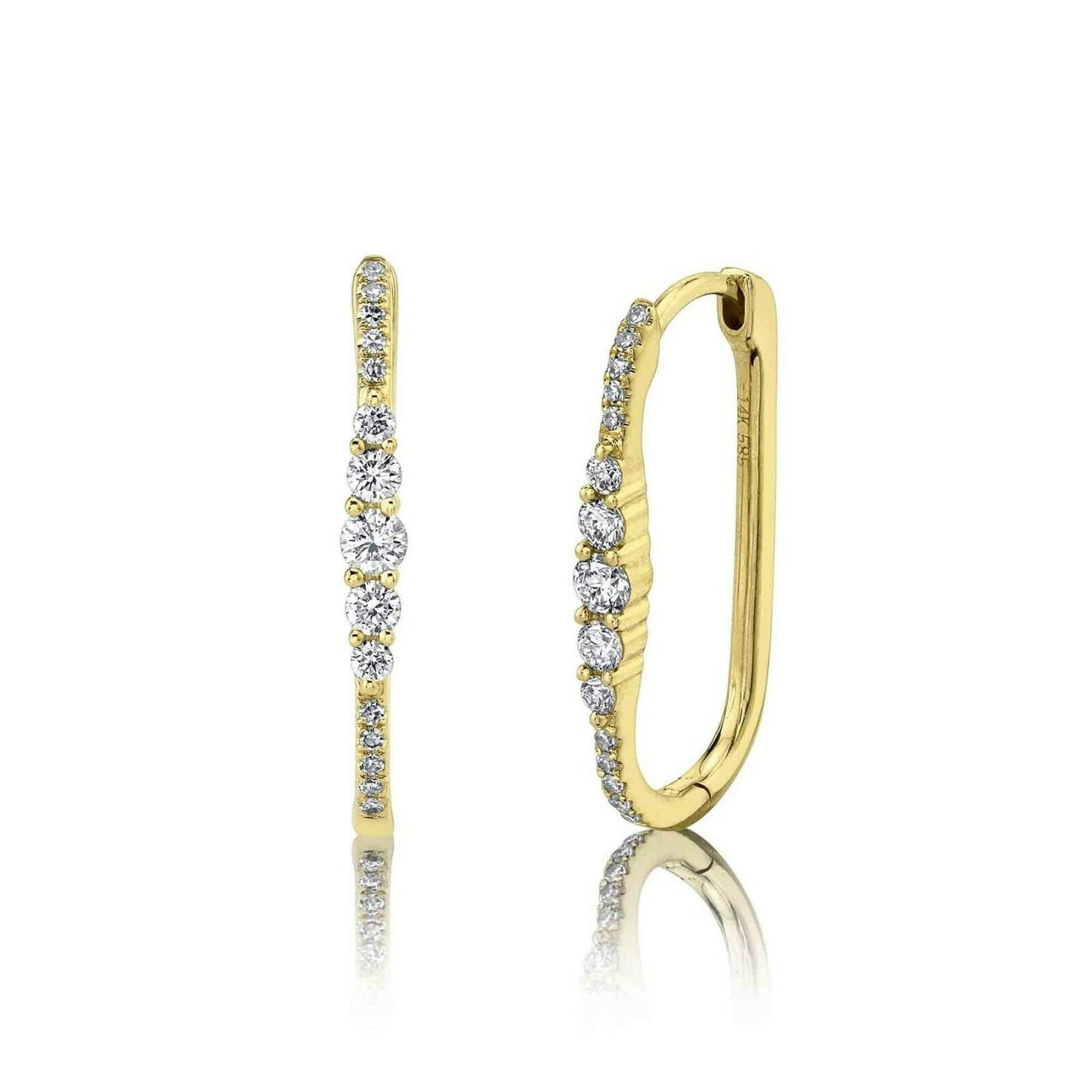14K Gold 0.28 CT Diamond Oval Square Hoop Earrings Round Cut Natural
