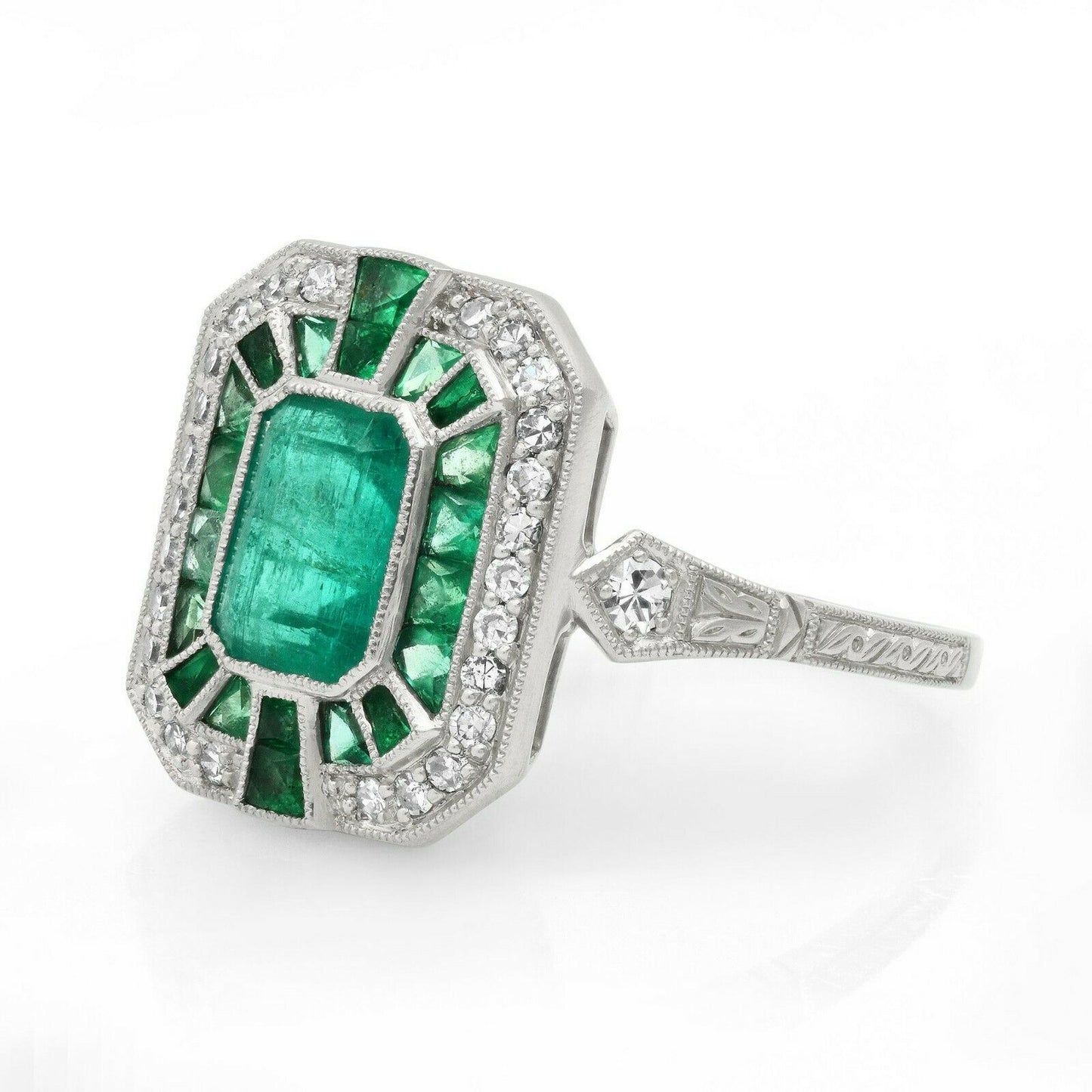 Emerald Platinum Diamond Ring Art Deco Handmade Certified Natural