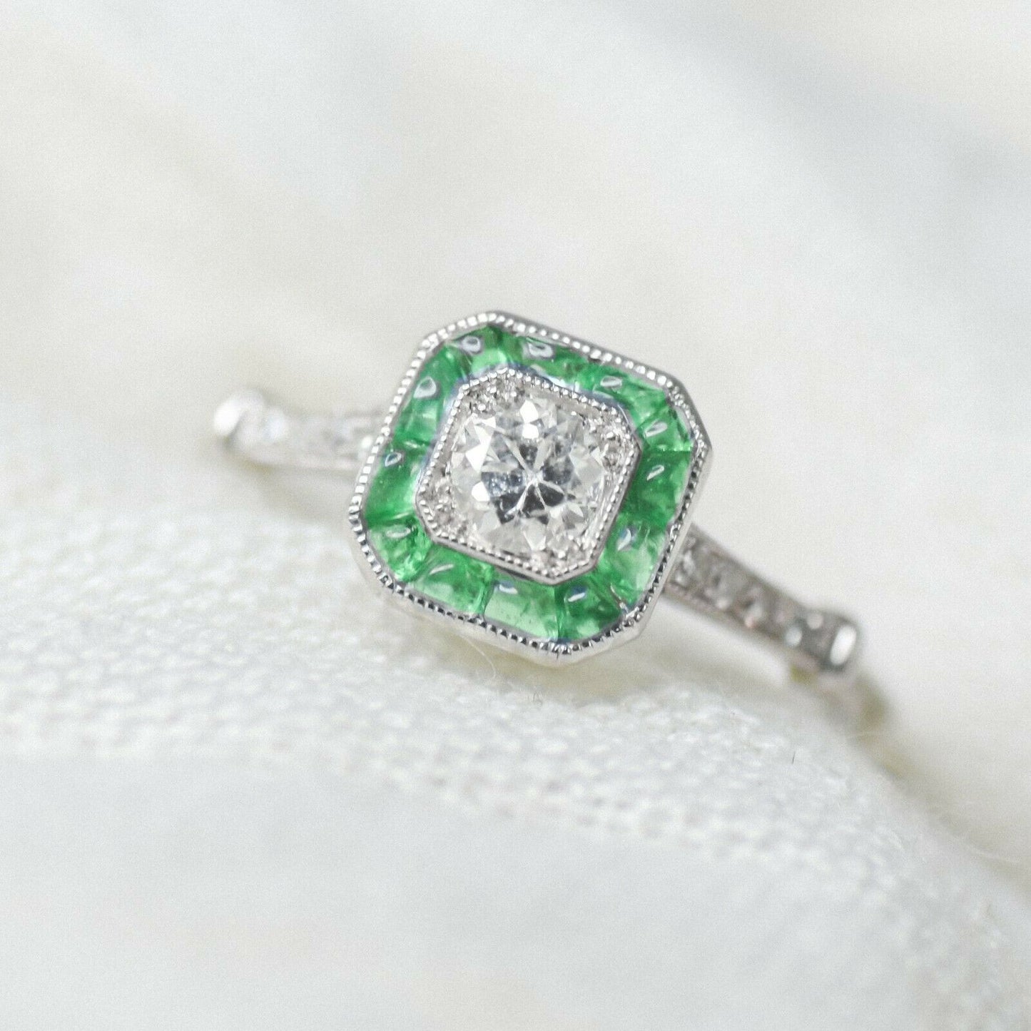 Diamond And Fancy Emerald Platinum Ring Art Deco Handmade